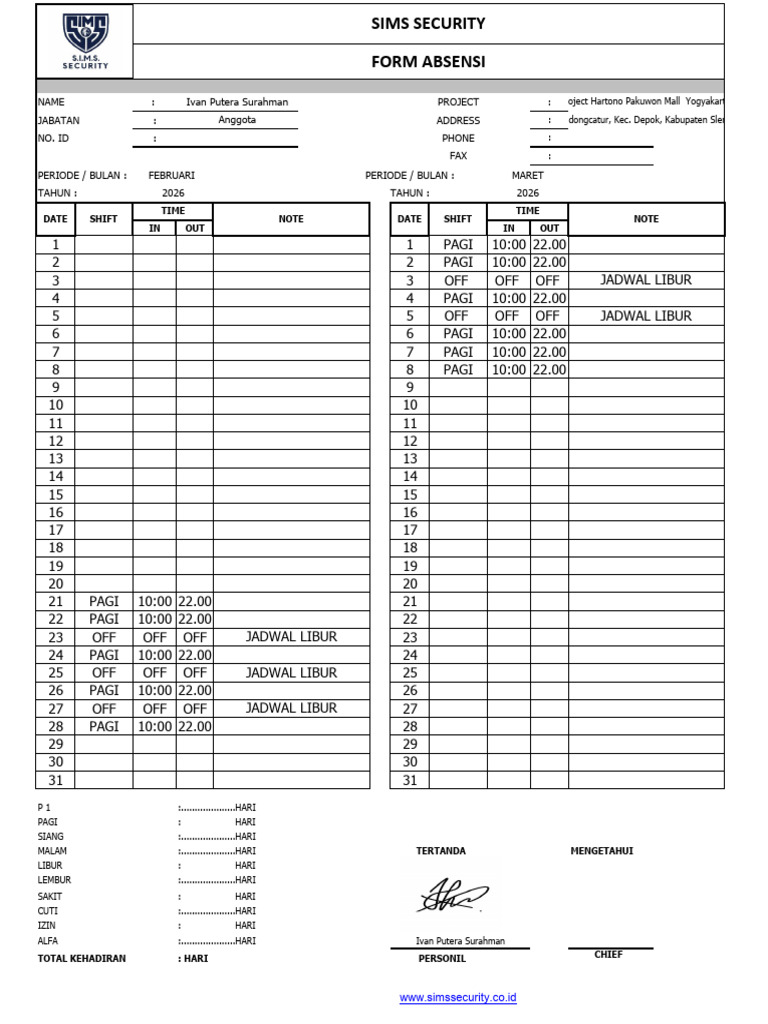 Form Absensi S.I.M.S Security IVAN Salinan | PDF