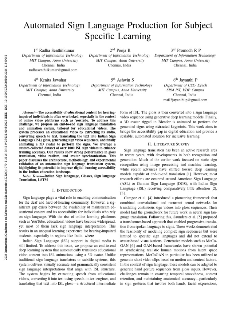 Automated Sign Language Production For Subject Specific Learning | PDF ...