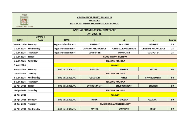 Annual Term Examination Timetable 3 To 5 | PDF