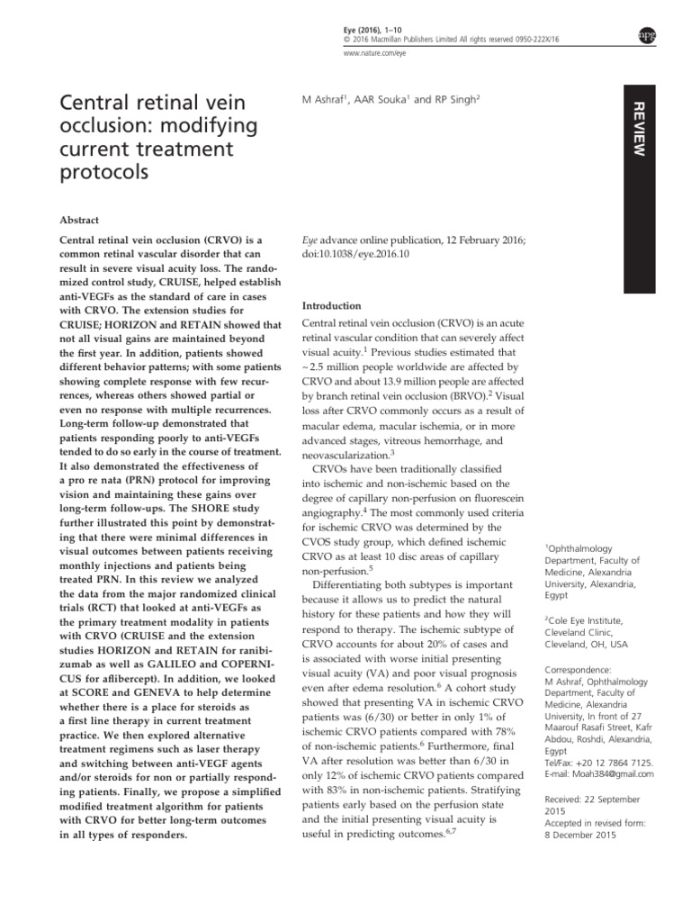 Central Retinal Vein Occlusion: Modifying Current Treatment Protocols ...