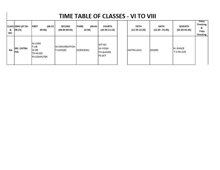 Class 8a Time Table | PDF