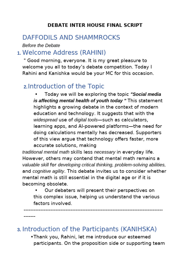 Debate Inter House Final Script | PDF | Behavioural Sciences | Cognition