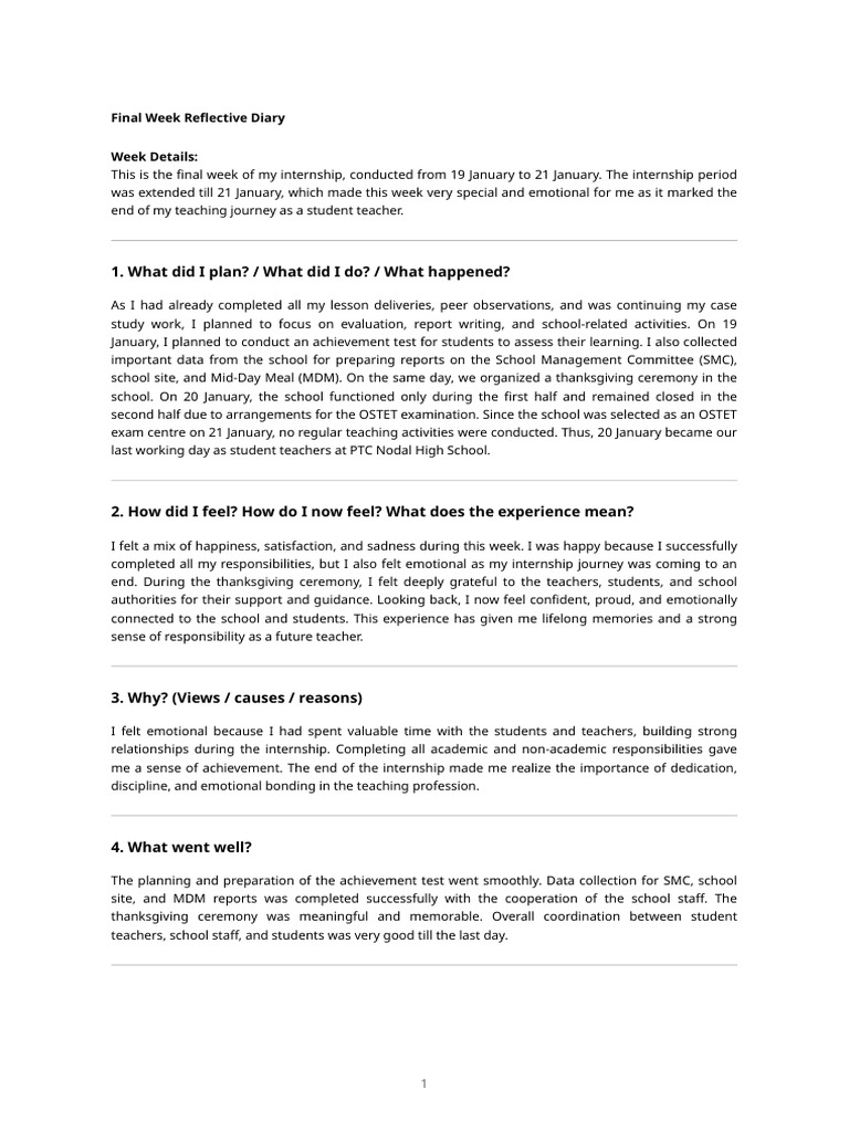 Final Week Reflective Diary | PDF | Teachers | Reflective Practice