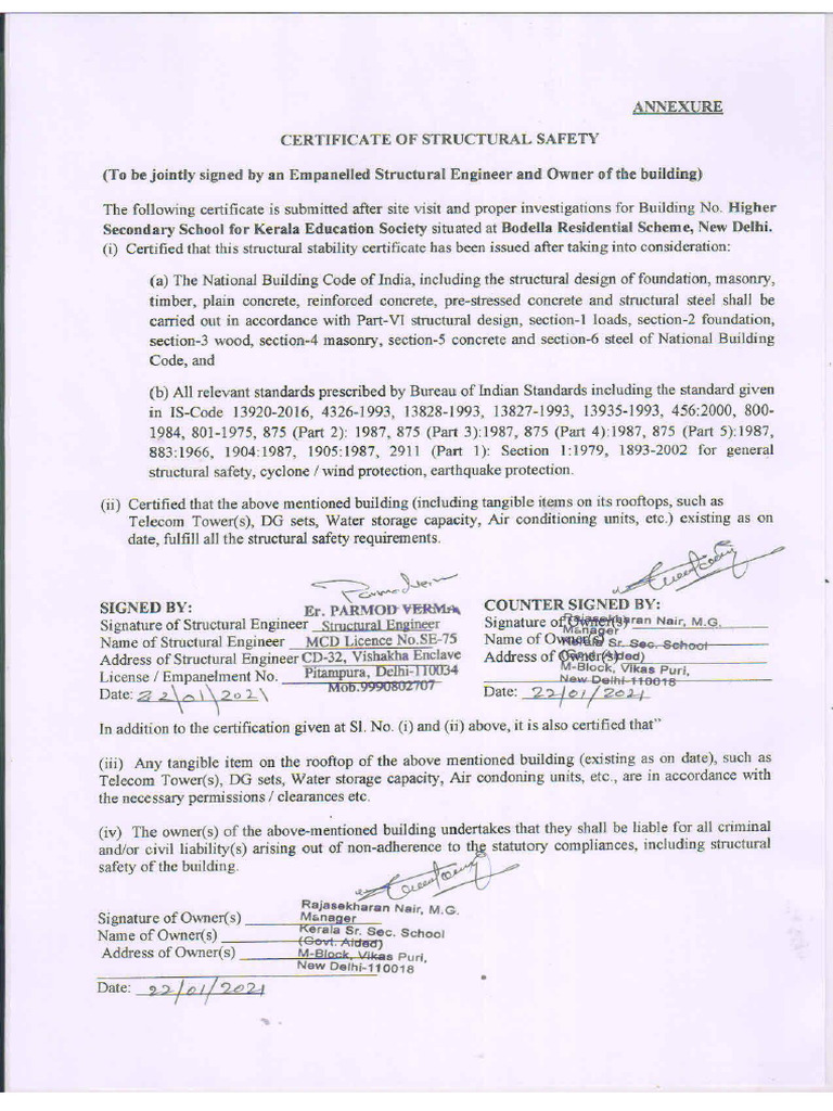 Structural Safety Certificate | PDF