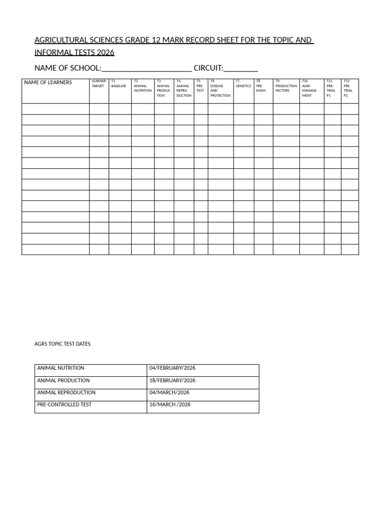Agricultural Sciences Grade 12 Mark Record Sheet For The Topic and ...