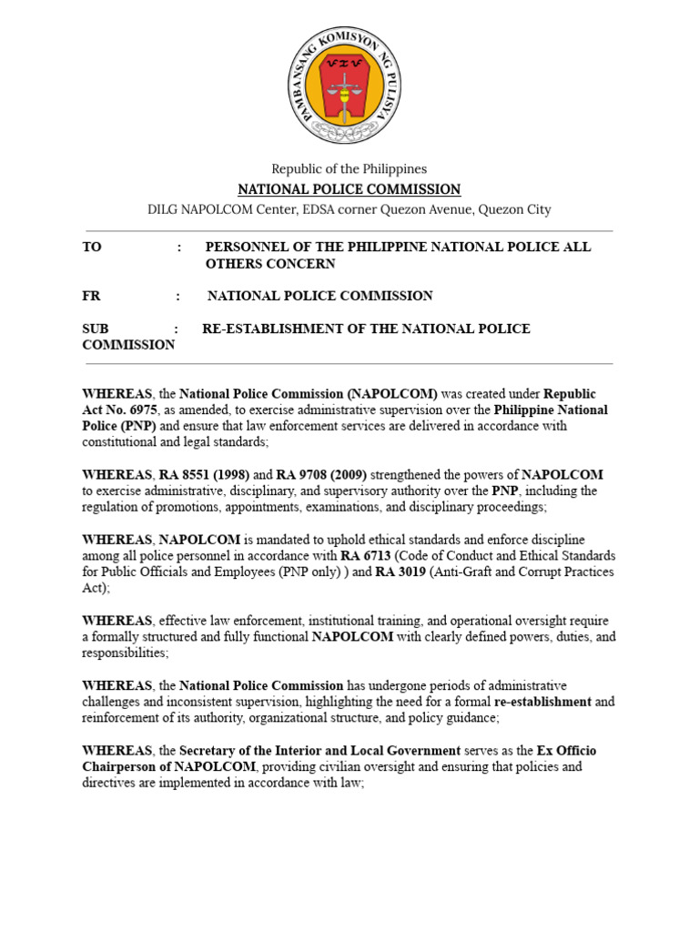 NAPOLCOM - Memorandum 001 S. 2026 | PDF | Regulatory Compliance | Police