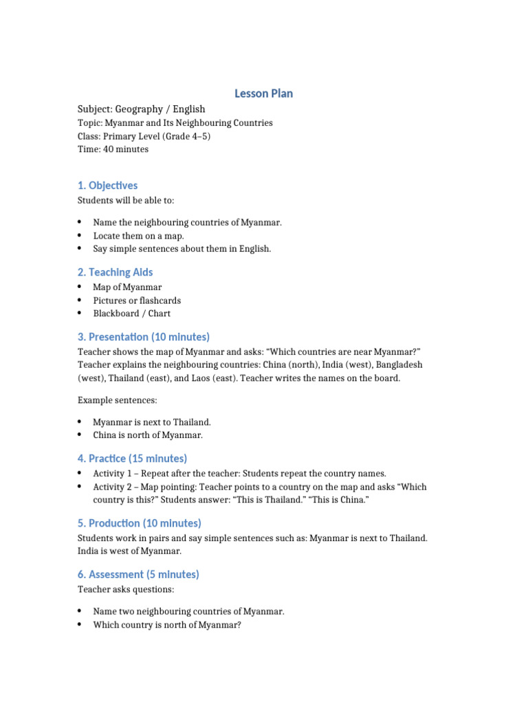 Myanmar Neighbouring Countries Lesson Plan A4-1 | PDF
