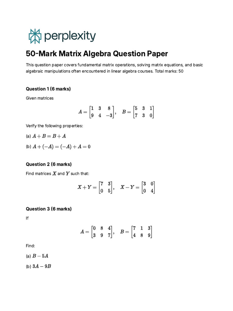 50-Mark Matrix Algebra Question Paper | PDF