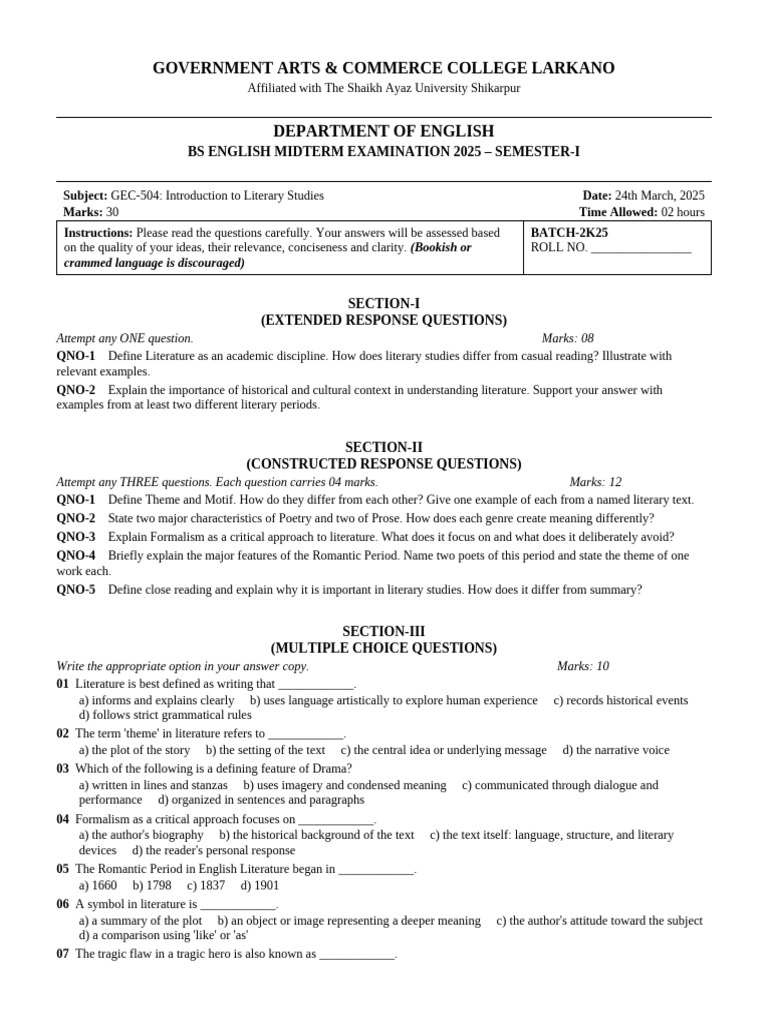 Literary Studies Question Paper | PDF | Poetry | Plot (Narrative)