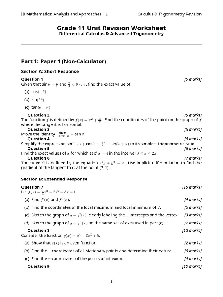 IB AA HL Revision Worksheet | PDF | Mathematics | Mathematical Analysis