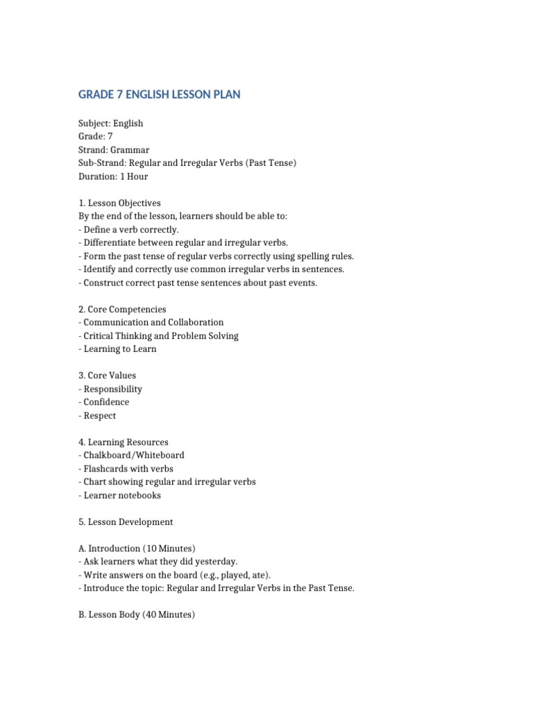 Grade 7 Regular and Irregular Verbs Lesson Plan | PDF | Subject ...