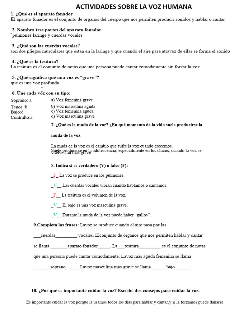 Actividades Sobre La Voz Humana PDF | PDF