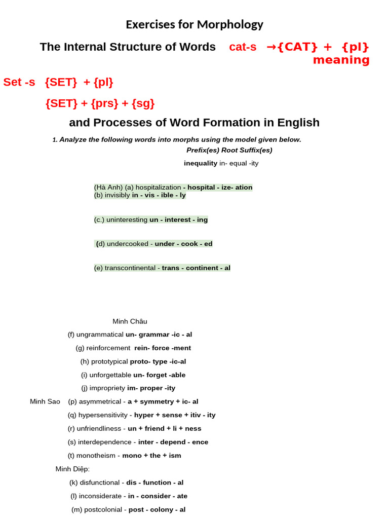 23E8 - Exercises For Morphology | PDF | Grammar | Linguistics