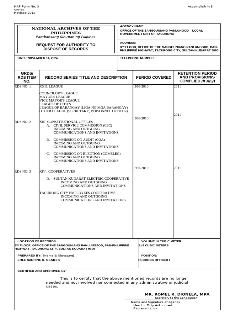 Nap Form No. 3 Request For Disposal of Records Lgu Tacurong - Erle ...