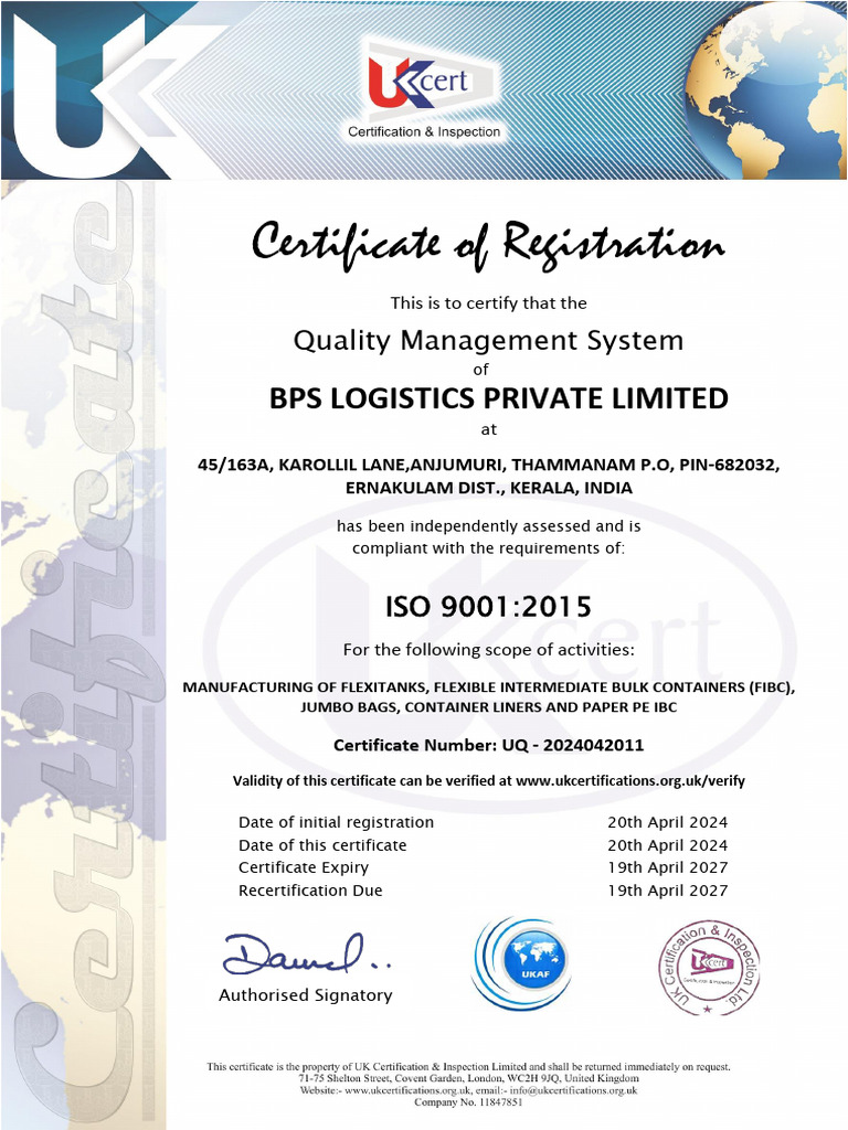BPS Logistics PVT LTD - IsO 9001-2015 | PDF
