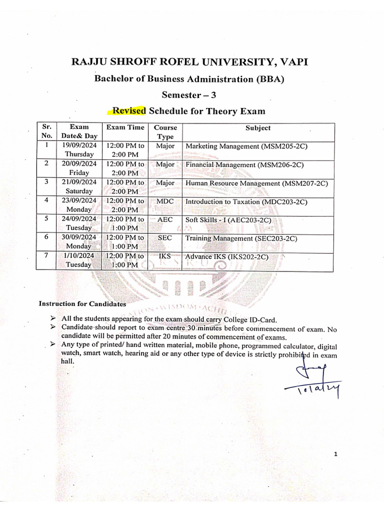 Revised Sybba Sem 3 Internal Exam Time Table | PDF