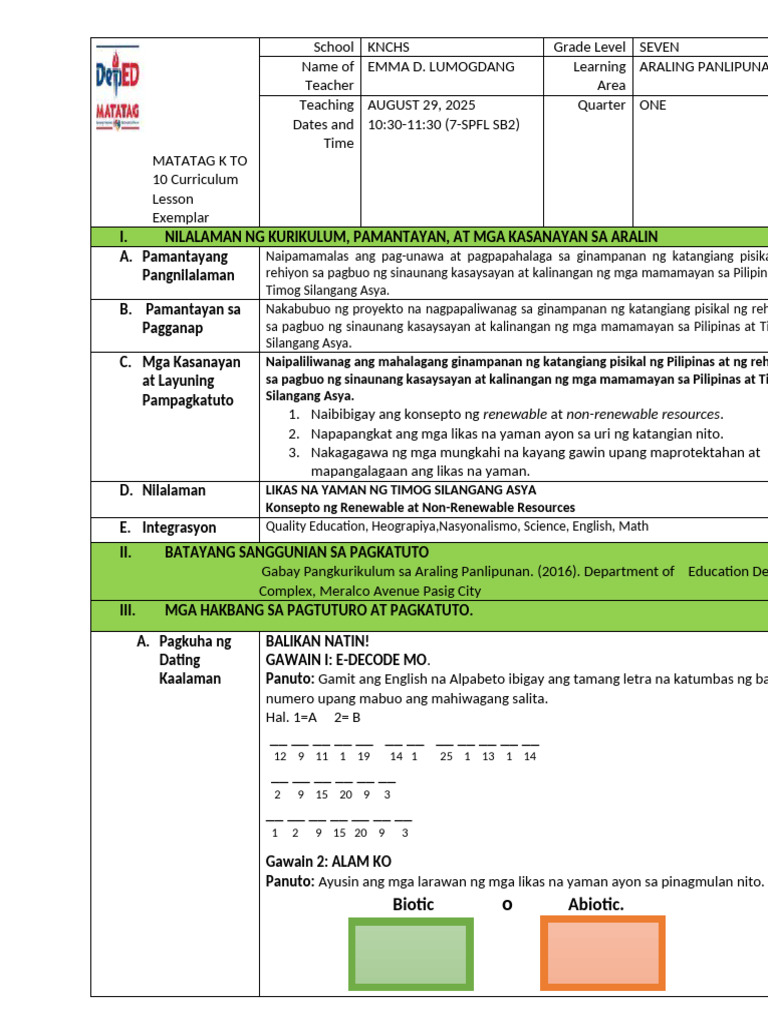 Lesson Exemplar Matatag K To 10 Curriculum | PDF
