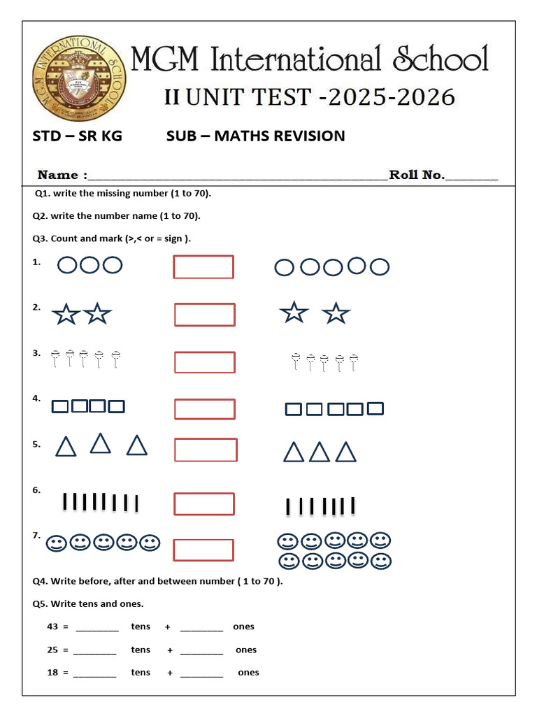 SR - KG Maths Revision Paper II Unit Test (2025 - 26) | PDF