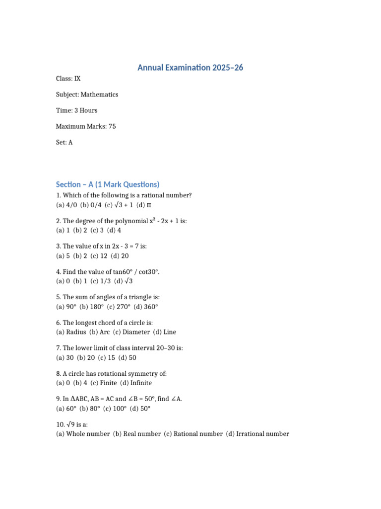 Class IX Mathematics Annual Exam 2025-26 | PDF | Circle | Numbers