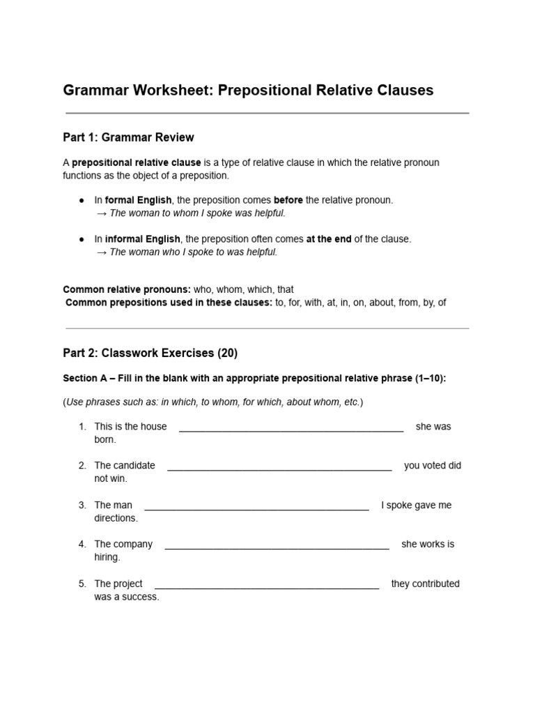 Grammar Worksheet - Prepositional Relative Clauses | PDF | Clause ...