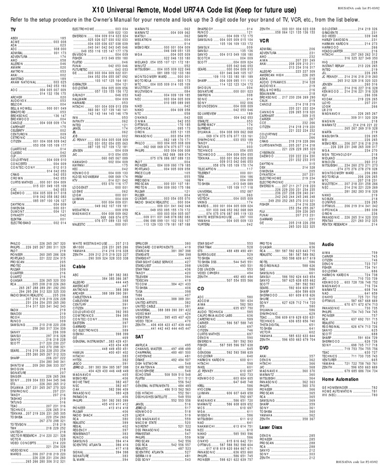 X10 UR74A Universal Remote Code List | PDF | Consumer Goods | Industries