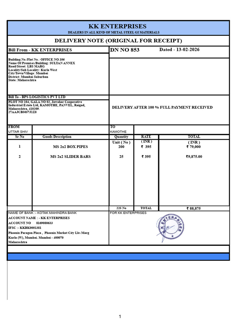 Delivery Note - 853 | PDF