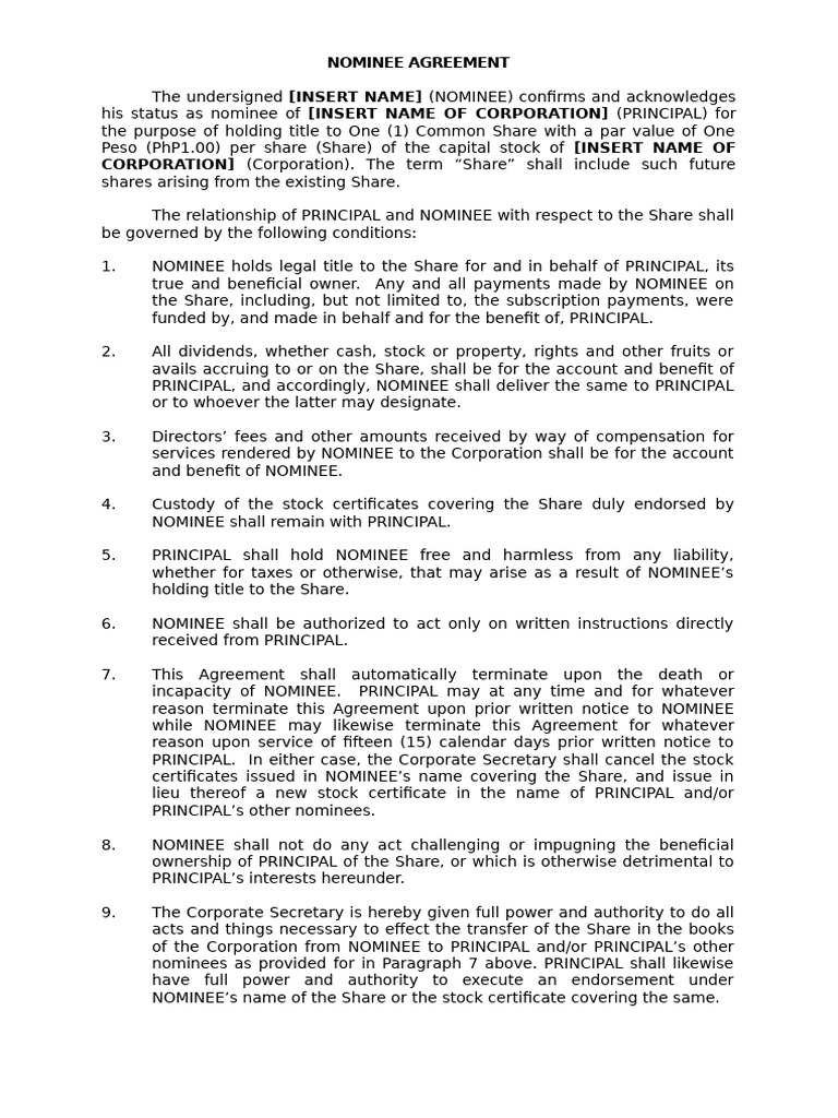 Nominee Agreement | PDF | Assignment (Law) | Private Law