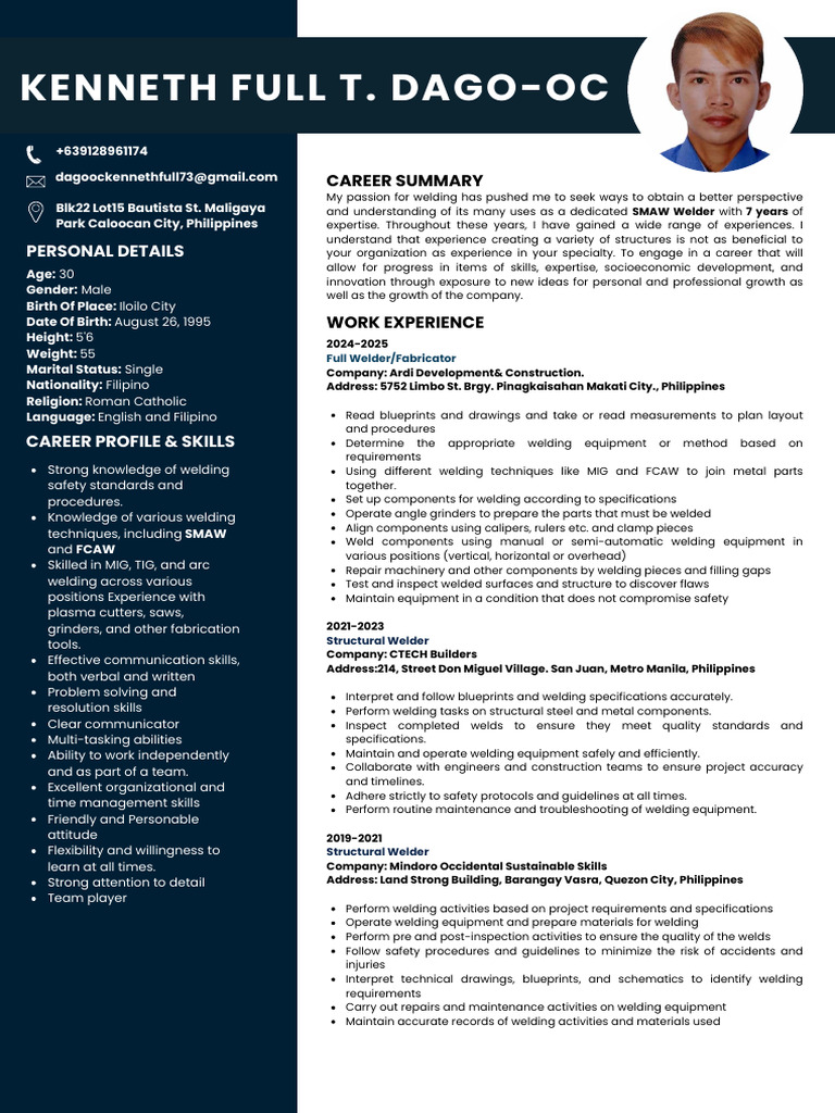 Kenneth Full T. Dago-Oc CV | PDF | Welding | Construction