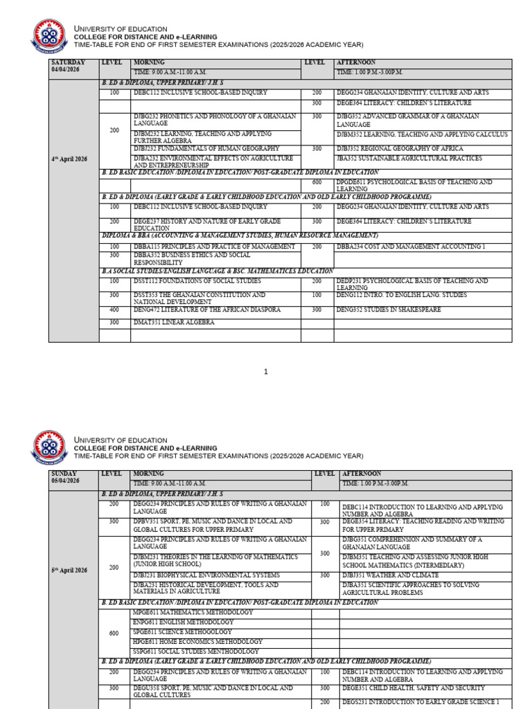 End of First Semester Exams Time Table April 2026 | PDF | Mathematics ...