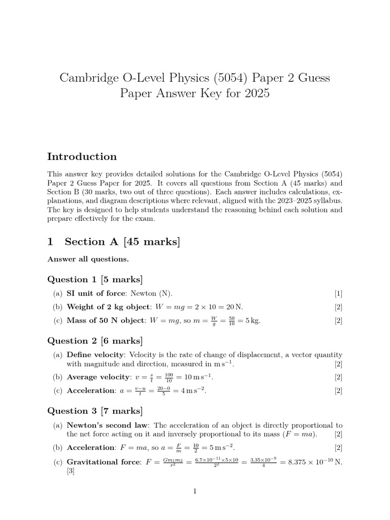 Answer Key Guess Paper | PDF | Velocity | Acceleration