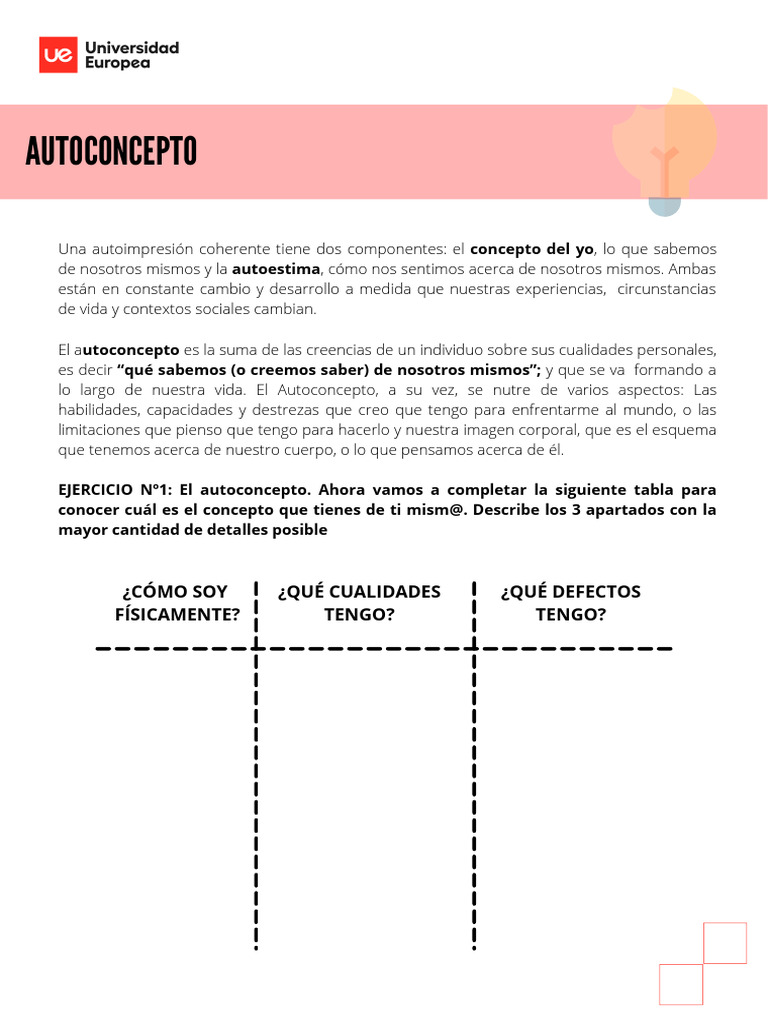 Ejercicios Autoconcepto y Autoestima | PDF | Autoestima | Autoconcepto