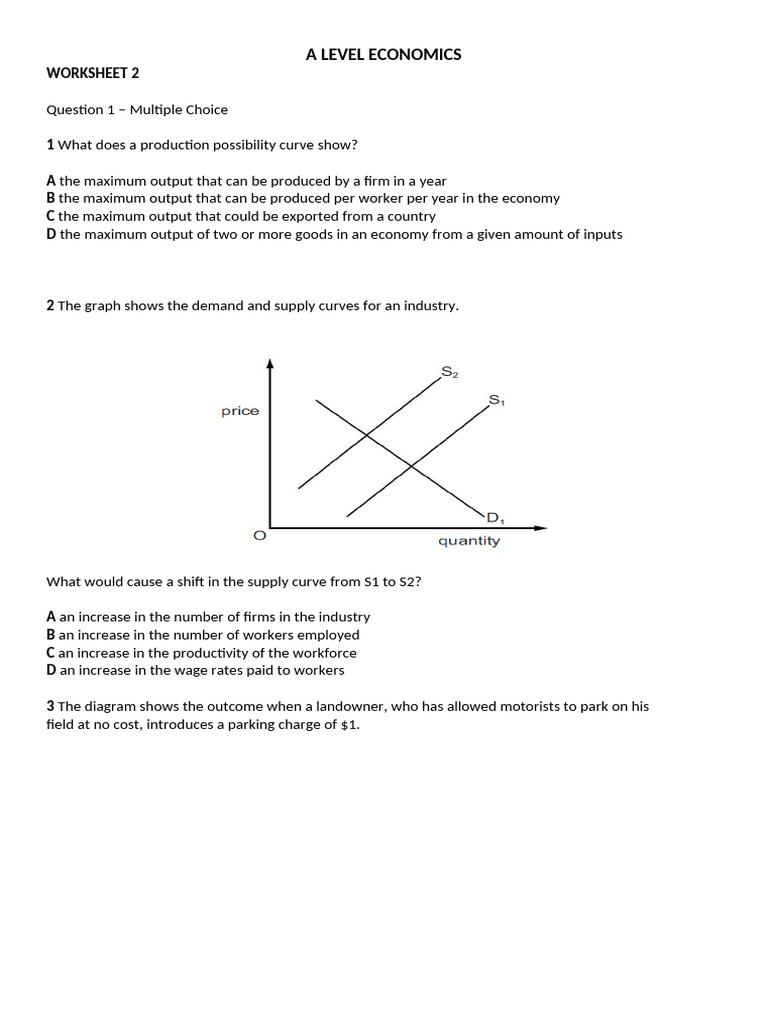 A Levels Economics Worksheet 2 | PDF | Demand | Supply (Economics)