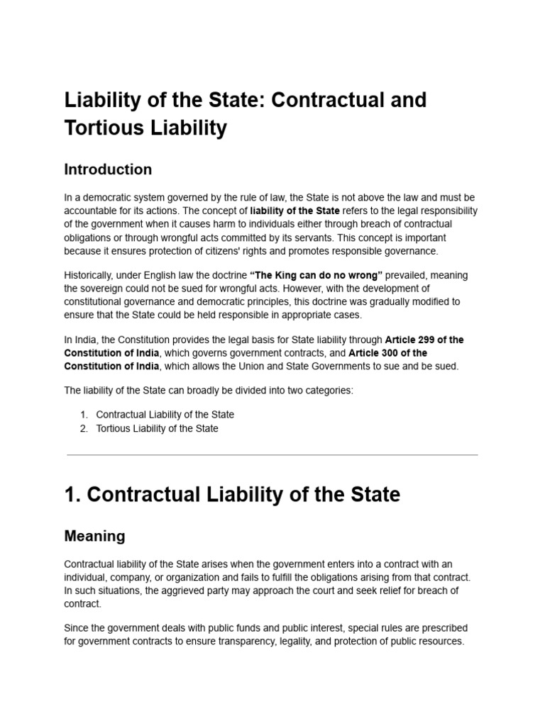 Liability of The State - Contractual and Tortious Liability | PDF ...