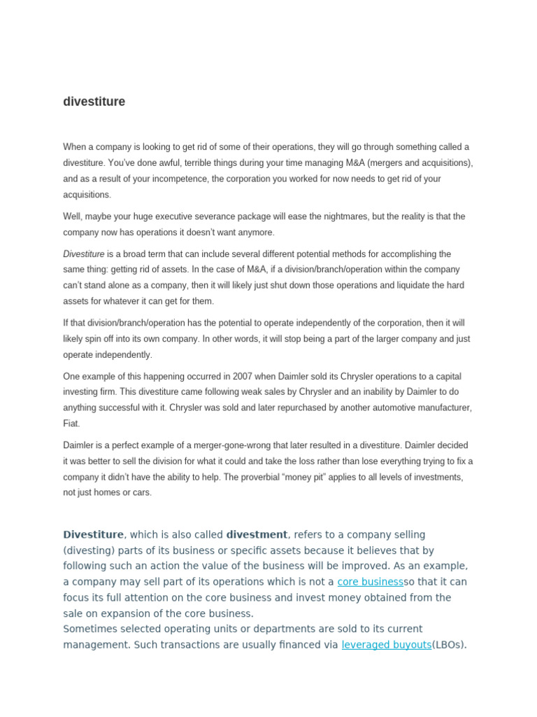 Divestiture | PDF | Leveraged Buyout | Mergers And Acquisitions