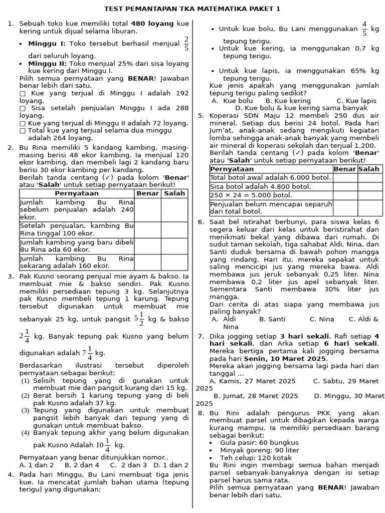 Test Pemantapan Tka Matematika Paket 1 | PDF