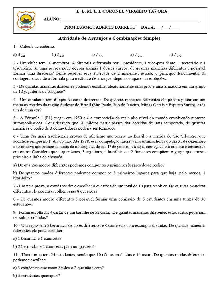 Exercícios de Arranjo e Combinação | PDF | Fórmula Um