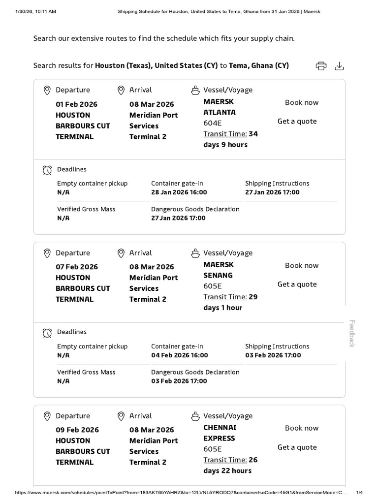 Shipping Schedule For Houston, United States To Tema, Ghana From 31 Jan ...