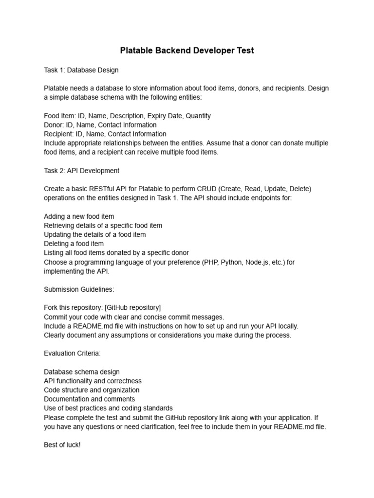 Platable Backend Developer Test | PDF