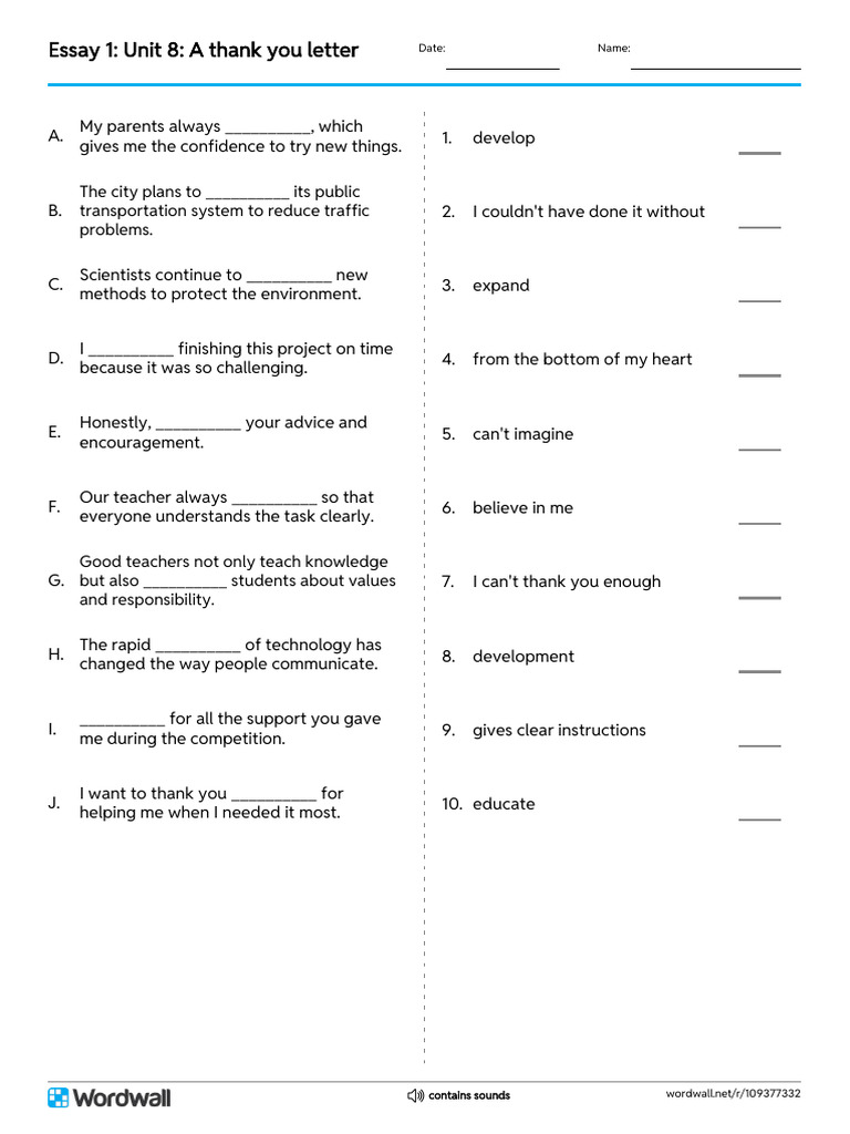Essay 1 Unit 8 A Thank You Letter Match Up Write The Answer | PDF
