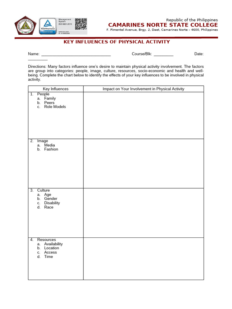 Key Influences On Physical Activity | PDF
