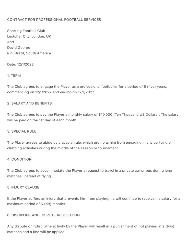 Contract For Professional Football Services | PDF