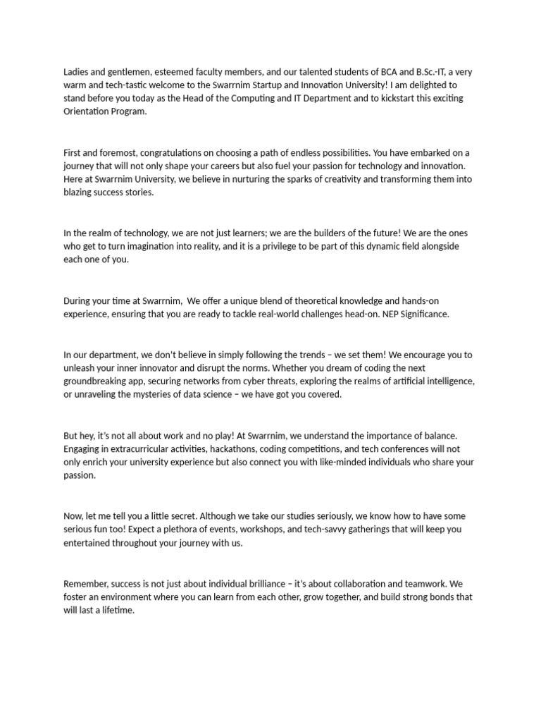 Welcome Speech at Orientation Program | PDF | Cognitive Science | Cognition