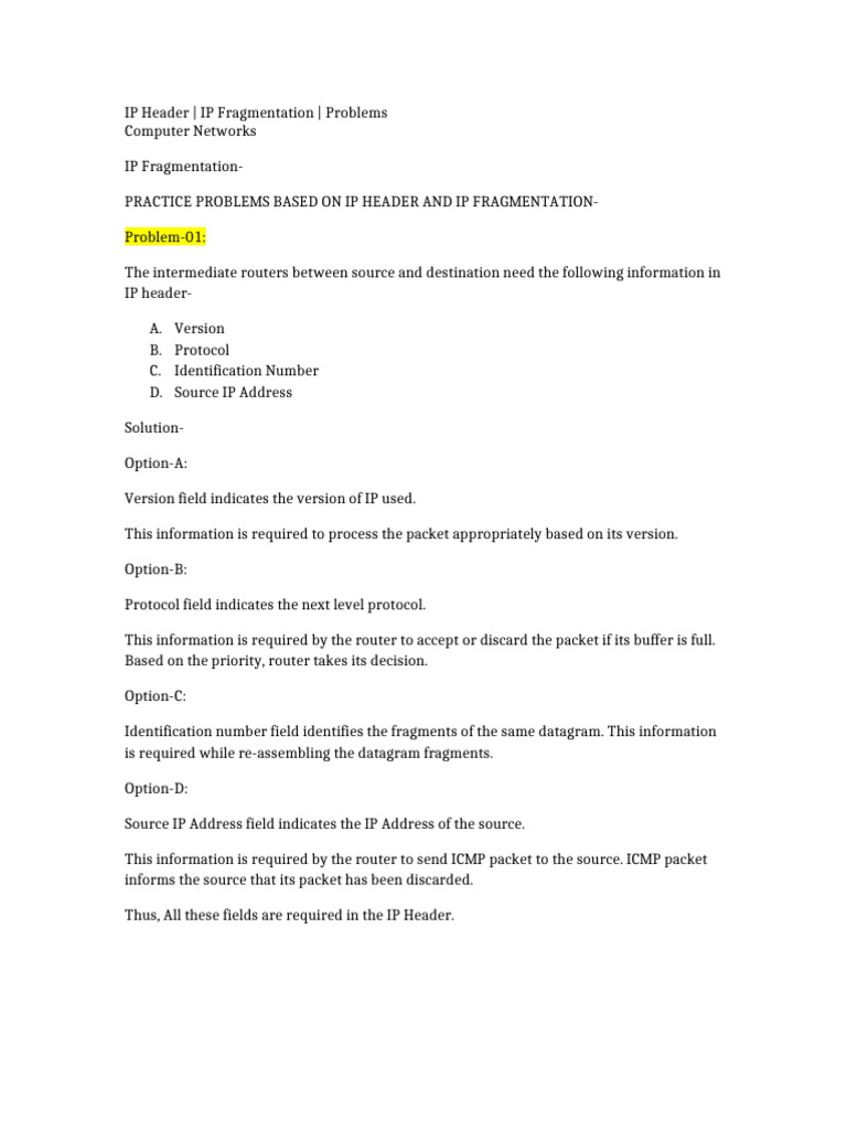 IP Header IP Fragmentation | PDF | Internet Protocols | Network Layer ...