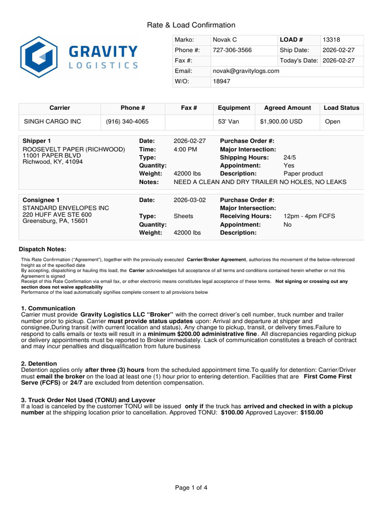 Load Confirmation 13318 | PDF | Indemnity | Cargo