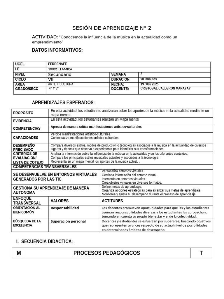 Sesión de Aprendizaje N 2 Arte y Cultura | PDF | Aprendizaje | Evaluación