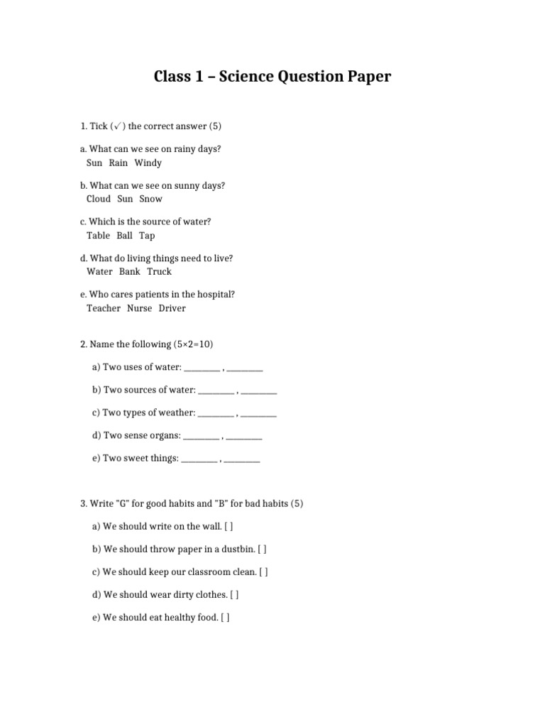 Class 1 Science Question Paper Formatted | PDF