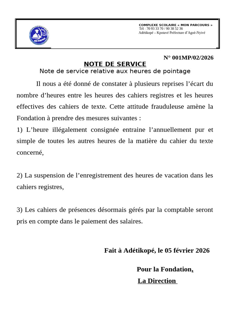 NOTE DE SERVICE (Pointage) N°1-2026 | PDF