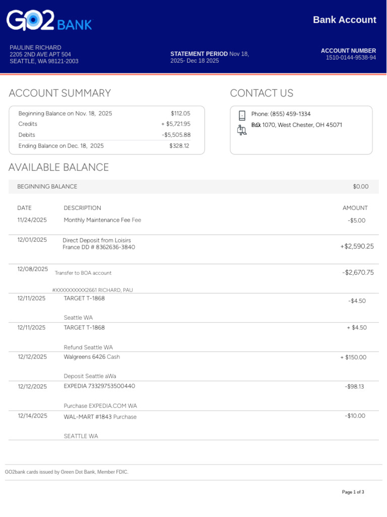 GO2bank Statement December 23, 20258799280475898065878 | PDF