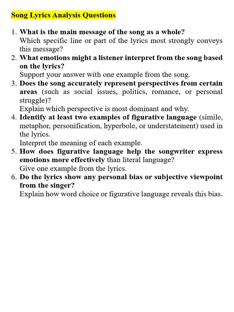 Song Analysis Questions | PDF | Love | Emotions