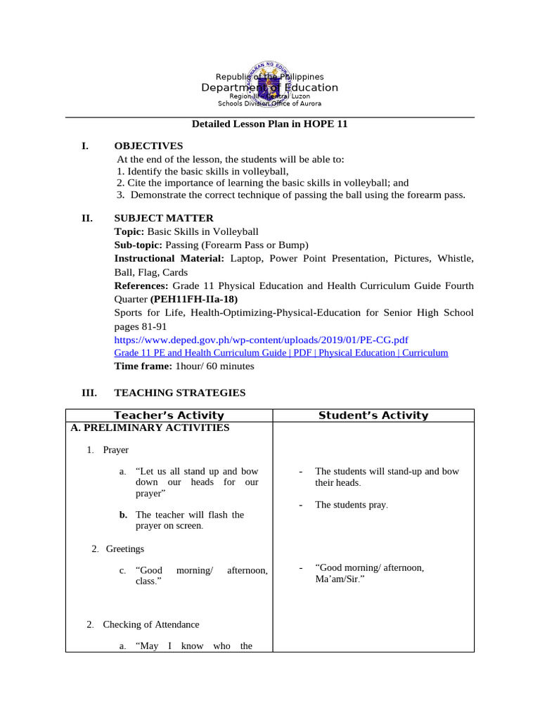 Detailed Lesson Plan Basic Skills in Volleyball | PDF | Volleyball